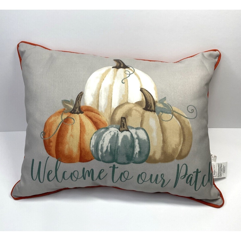 Mainstays Outdoor Lumbar Pillows Orange/Gray "Welcome to our Patch" Halloween